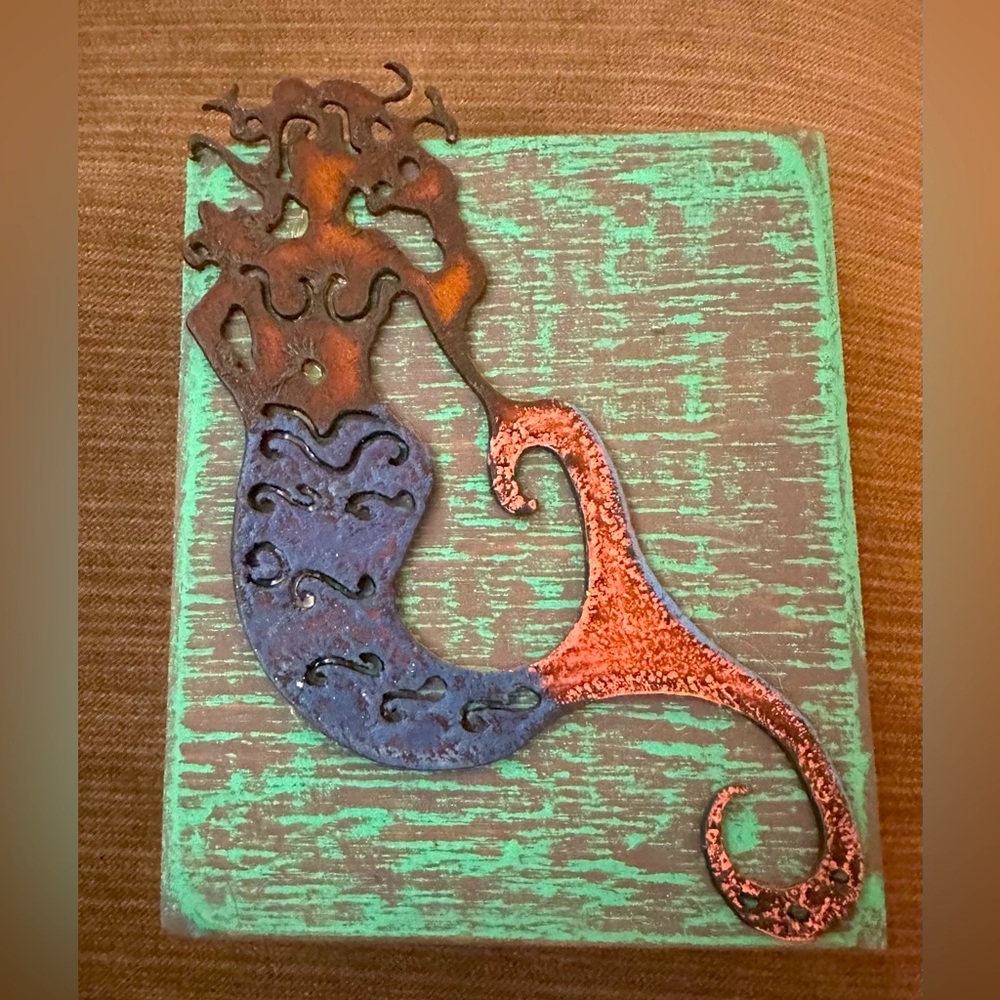 Artist Mermaid Metal on Wood Sculpture Coastal Siren Wall Hanging OOAK Artisan